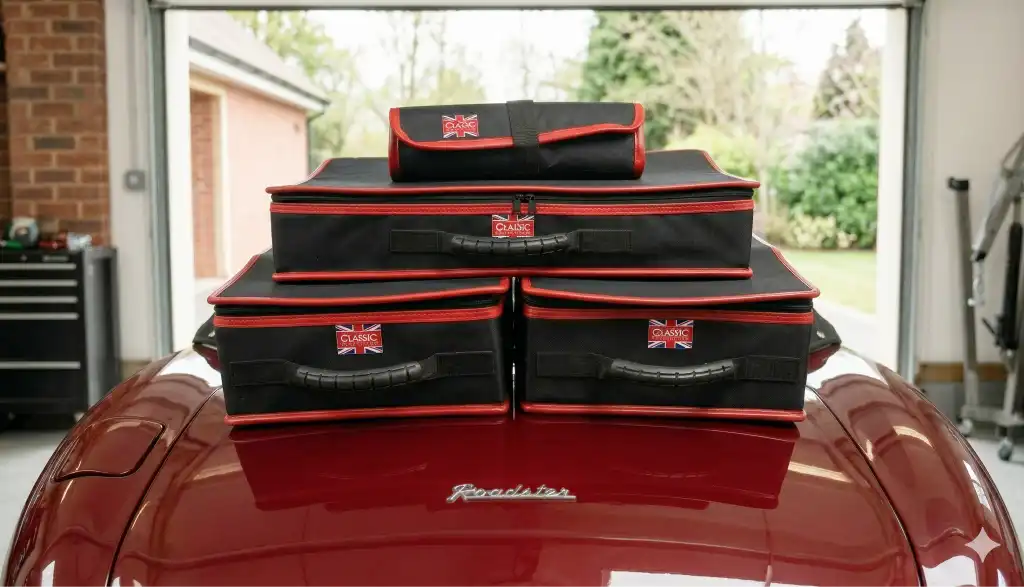 Fitted luggage inside a classic car boot